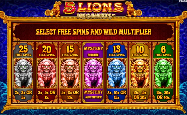 A selection of free spins with a multiplier of 5 Lions Megaways